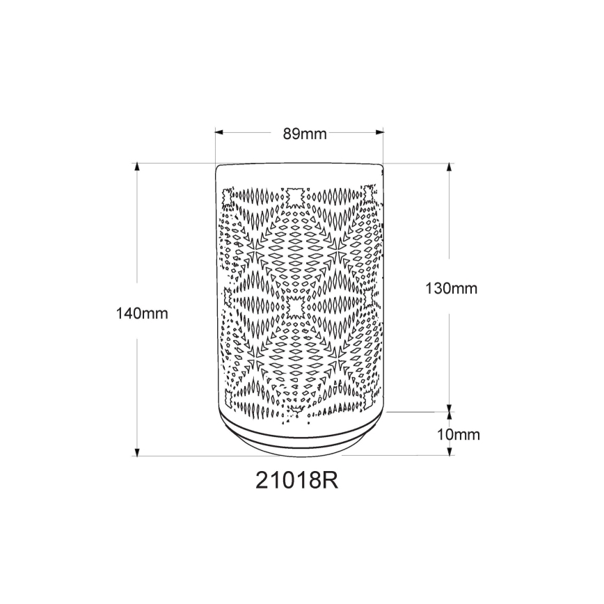 Cylindrická lampa s prepracovaným geometrickým vzorom je zobrazená s rozmermi: výška 130 mm, priemer 89 mm, základňa 10 mm. Kód produktu: 21018R.