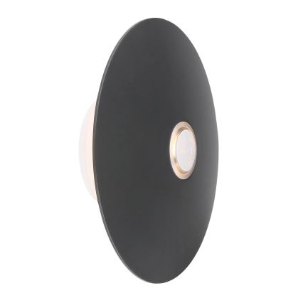 Nástená lampa svieti. Je tmavosivá, okrúhla, plochá, s malým svetlým vypínačom v strede. Upevnená je na stene.