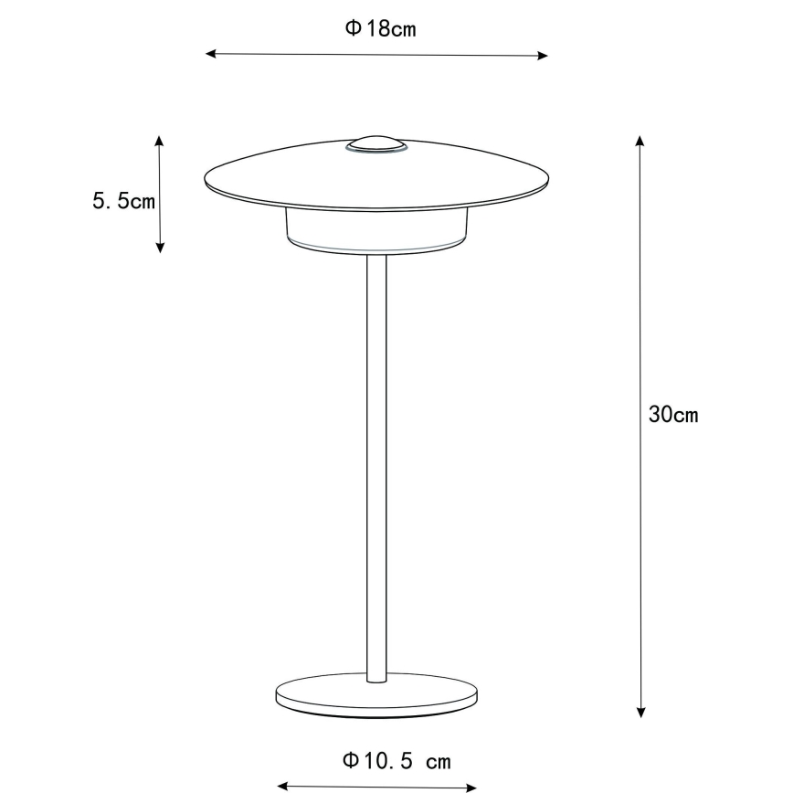 Stolová lampa s plochým tienidlom stojí na tenkej nohe s kruhovou základňou. Rozmery: tienidlo Ø 18 cm, výška 30 cm, základňa Ø 10,5 cm, výška tienidla 5,5 cm.