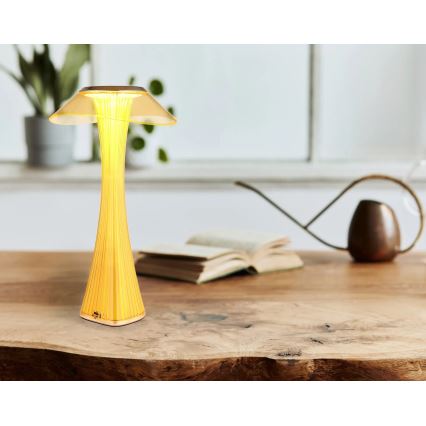 Stolová lampa s tvarom huby svieti na drevenom stole. Vedľa nej leží kniha a záhradná konvička.