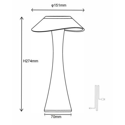 Stolová lampa s tienidlom v tvare huby, s výškou 274 mm a priemerom tienidla 151 mm, stojí na 70 mm širokej základni. Je znázornený aj napájací kábel.
