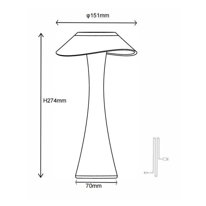 Stolová lampa s tienidlom v tvare huby, s výškou 274 mm a priemerom tienidla 151 mm, stojí na 70 mm širokej základni. Je znázornený aj napájací kábel.
