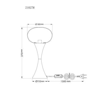 Stolová lampa s tvarom presýpacích hodín stojí na podstavci s priemerom 110 mm a výškou 370 mm. Má oválny tienidlo s priemerom 180 mm a 1500 mm dlhý kábel so spínačom. Kód produktu: 21027M.