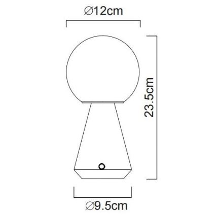 Stolová lampa s guľovou hlavou o priemere 12 cm a kužeľovitou základňou o priemere 9,5 cm, vysoká 23,5 cm, je znázornená na čiernobielej technickej kresbe s rozmermi.