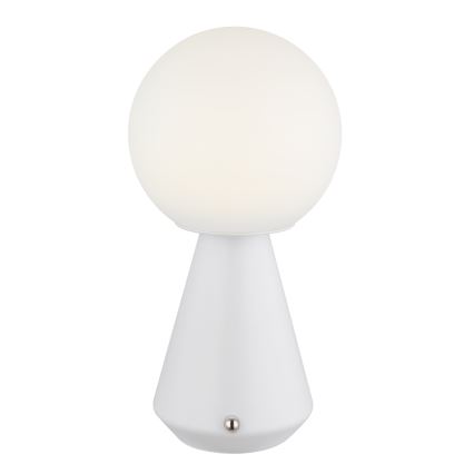 Biela stolová lampa s guľovou tienidlom svieti. Jej podstavec má tvar kužeľa. Lampa je umiestnená na bielom pozadí.