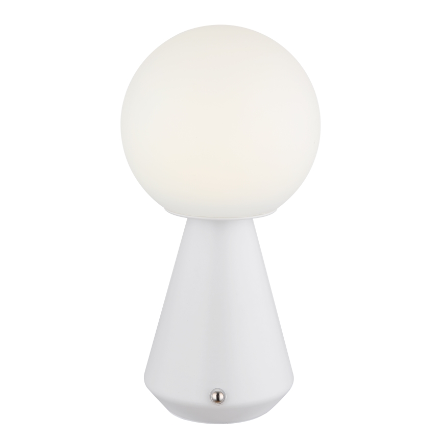 Biela stolová lampa s guľovou tienidlom svieti. Jej podstavec má tvar kužeľa. Lampa je umiestnená na bielom pozadí.