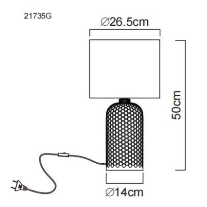 Stolová lampa s čtvercovým tienidlom a kovovou mriežkovou podstavou je zobrazená s rozmermi: priemer tienidla 26,5 cm, výška 50 cm, priemer podstavy 14 cm. Kód produktu: 21735G. Je pripojená na elektrickú sieť.