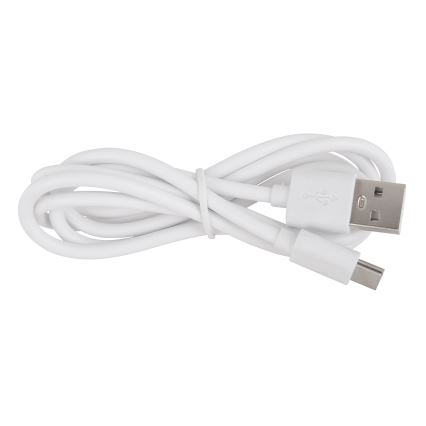 Biely USB kábel leží zrolovaný na bielom pozadí. Kábel má na jednom konci USB-A konektor a na druhom USB-C konektor.