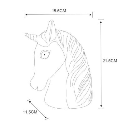 Hlava jednorožca je zobrazená v čiarovom náčrte. Je doplnená o rozmery: 18,5 cm (šírka), 21,5 cm (výška), 11,5 cm (hĺbka).