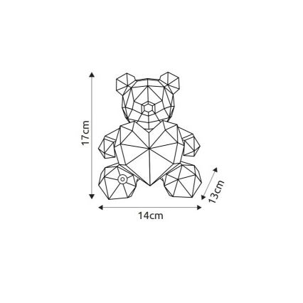 Medvedík sedí, je zobrazený v geometrickom štýle. Jeho rozmery sú: výška 17 cm, šírka 14 cm a hĺbka 13 cm.