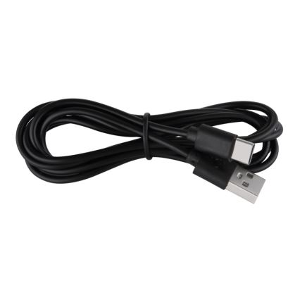 Čierny USB kábel s konektormi USB-C a USB-A je stočený na bielom pozadí.
