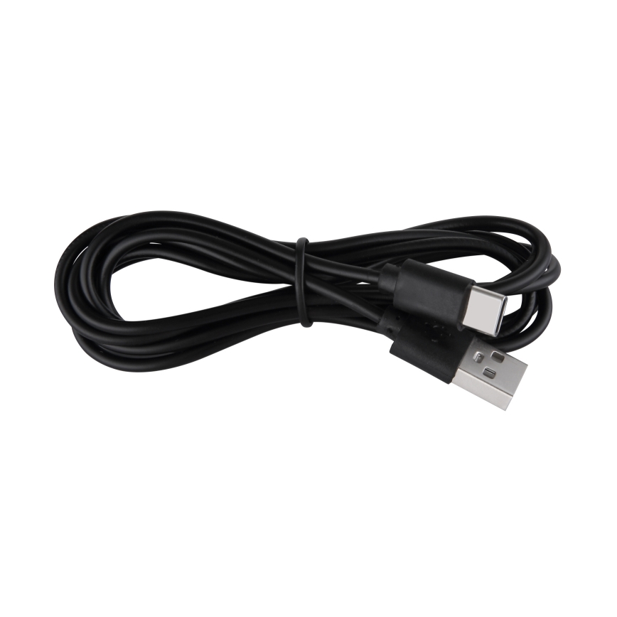 Čierny USB kábel s konektormi USB-C a USB-A je stočený na bielom pozadí.