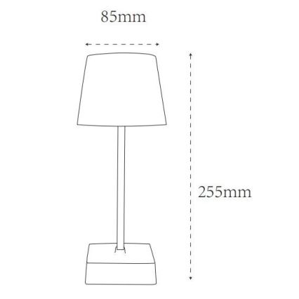 Stolová lampa s cylindrickým tienidlom a štíhlou nohou na štvorcovej podnoži. Rozmery: výška 255 mm, šírka tienidla 85 mm.