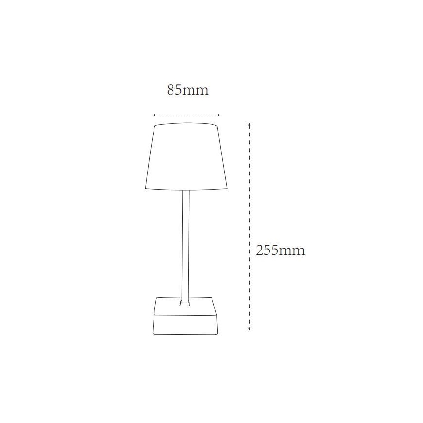 Stolová lampa s tienidlom tvaru zrezaného kužeľa stojí na štvorcovej podstave. Výška lampy je 255 mm, priemer tienidla 85 mm.