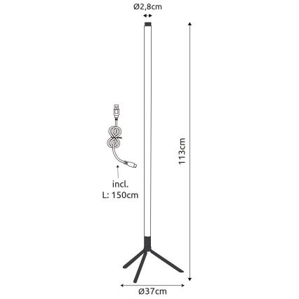Stojaca lampa s trojnohou základňou a štíhlym valcovým telom s výškou 113 cm, má priemer 2,8 cm na vrchu a 37 cm na základni. Súčasťou je 150 cm dlhý kábel s USB konektorom.