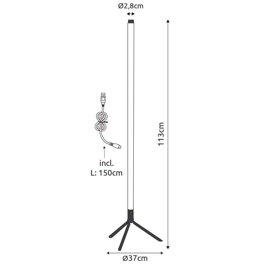 Stojaca lampa s trojnohou základňou a štíhlym valcovým telom s výškou 113 cm, má priemer 2,8 cm na vrchu a 37 cm na základni. Súčasťou je 150 cm dlhý kábel s USB konektorom.
