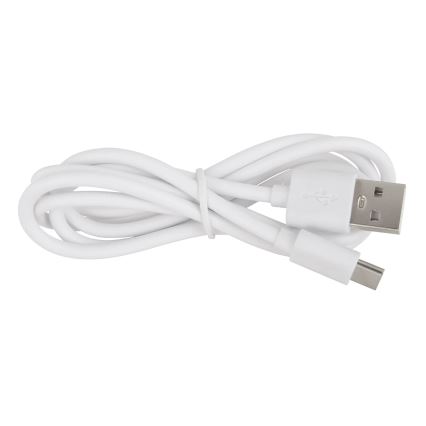 Biely USB kábel je zrolovaný a zviazaný gumičkou. Na jednom konci je USB-A konektor, na druhom USB-C konektor. Nachádza sa na bielom pozadí.