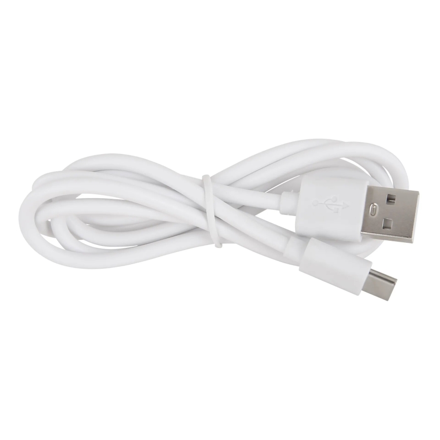 Biely USB kábel je zrolovaný a zviazaný gumičkou. Na jednom konci je USB-A konektor, na druhom USB-C konektor. Nachádza sa na bielom pozadí.