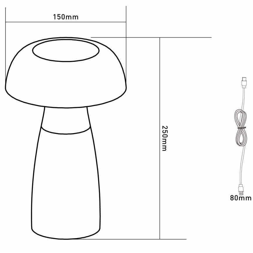 Stolová lampa tvaru huby s priemerom vrchnej časti 150 mm a výškou 250 mm. Súčasťou je aj 80 mm dlhý nabíjací kábel.