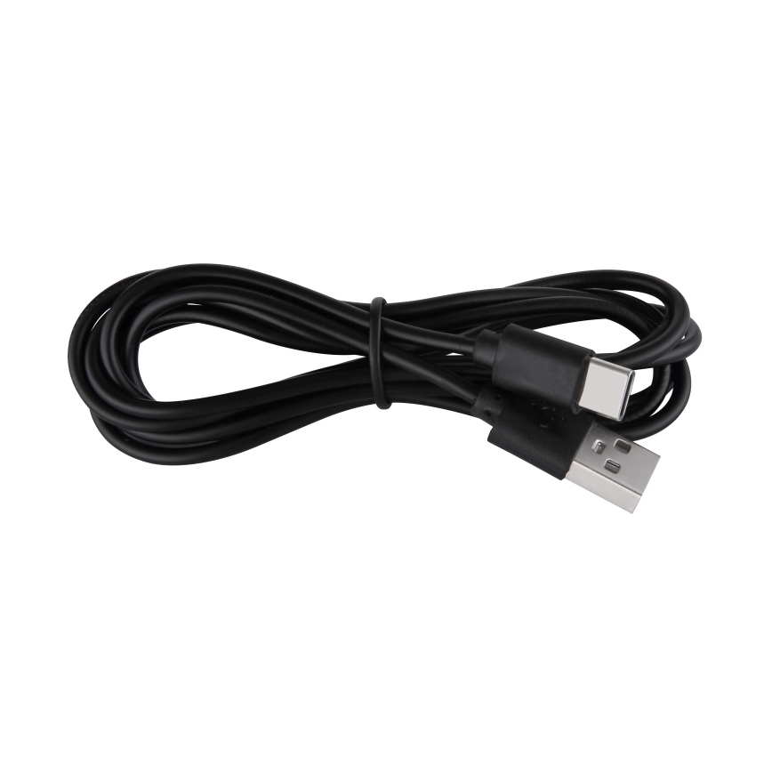 Čierny USB kábel s konektormi USB-A a USB-C leží na bielom pozadí. Kábel je stočený do špirály.
