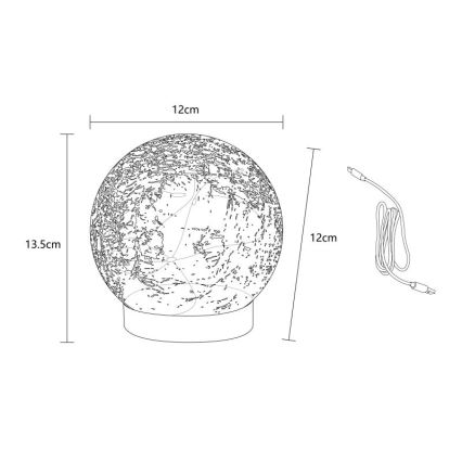 Guľová lampa s priemerom 12 cm a výškou 13,5 cm stojí na malej základni. Je dodávaná s 12 cm dlhým USB káblom.