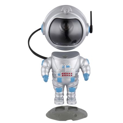 Figúrka astronauta stojí na imitácii mesačného povrchu. Hlava astronauta je oddelená od tela a pripojená káblom. Je strieborno-modrej farby.