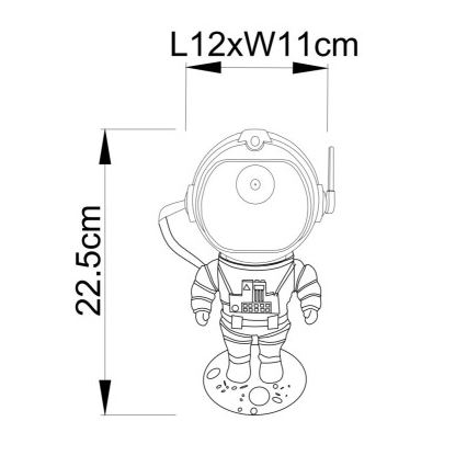 Figúrka astronauta stojí na mesačnom povrchu. Je vysoká 22,5 cm a široká 11 cm. Rozmery hlavy sú 12x11 cm.