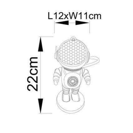 Figúrka astronauta s prilbou s voštinovou štruktúrou stojí na podstavci. Rozmery: výška 22 cm, šírka 11 cm, dĺžka 12 cm.