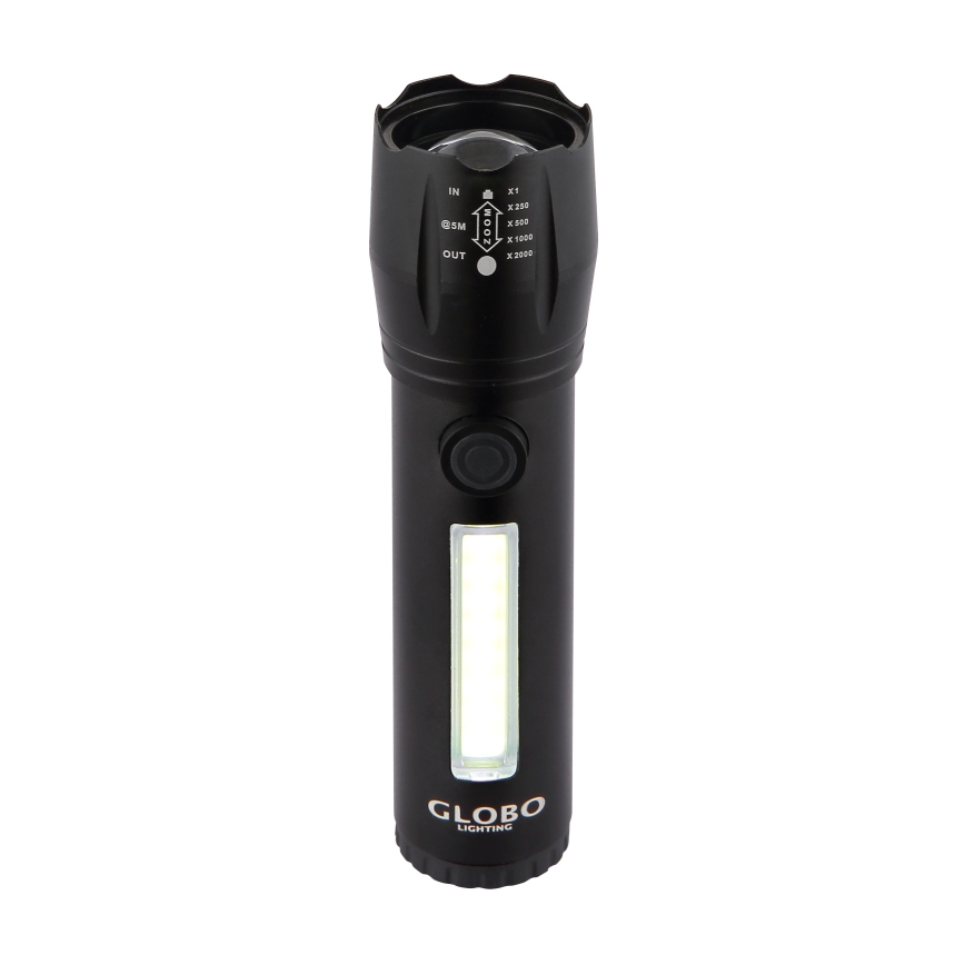 Čierna baterka GLOBO LIGHTING s bočným LED osvetlením. Na vrchu má otočný prepínač s označením IN, OUT a hodnotami X1, X200, X500, X1000, X2800. Baterka je umiestnená na bielom pozadí.