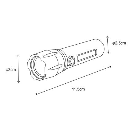 Batéria svietidla je zobrazená pod uhlom. Má priemer 2,5 cm a dĺžku 11,5 cm. Priemer hlavy svietidla je 3 cm.