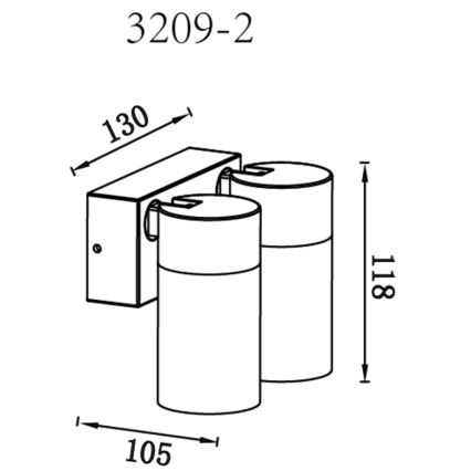Dvojité nástenné svietidlo s valcovými tienidlami je pripevnené na stenu. Rozmery: výška 118 mm, šírka 130 mm, hĺbka 105 mm. Kód produktu: 3209-2.