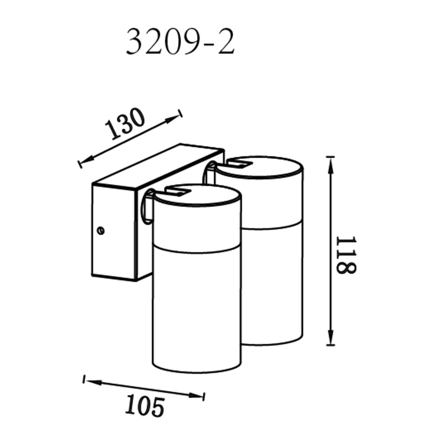 Dvojité nástenné svietidlo s valcovými tienidlami je pripevnené na stenu. Rozmery: výška 118 mm, šírka 130 mm, hĺbka 105 mm. Kód produktu: 3209-2.