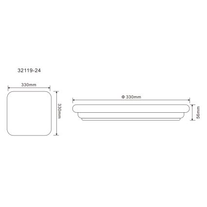 Technický výkres zobrazuje dva pohľady štvorcového a obdĺžnikového svietidla. Rozmery sú: 330mm x 330mm x 56mm (štvorcové) a priemer 330mm x 56mm (obdĺžnikové). Kódové označenie je 32119-24.