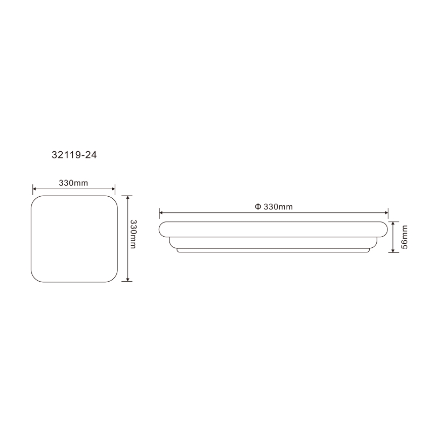Technický výkres zobrazuje dva pohľady štvorcového a obdĺžnikového svietidla. Rozmery sú: 330mm x 330mm x 56mm (štvorcové) a priemer 330mm x 56mm (obdĺžnikové). Kódové označenie je 32119-24.