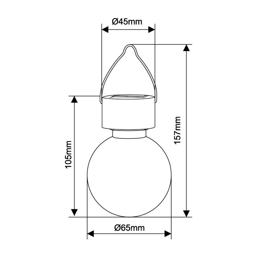 Solárna lampa visí. Má guľový tvar s priemerom 65 mm a výškou 157 mm. Horná časť s úchytom má šírku 45 mm.