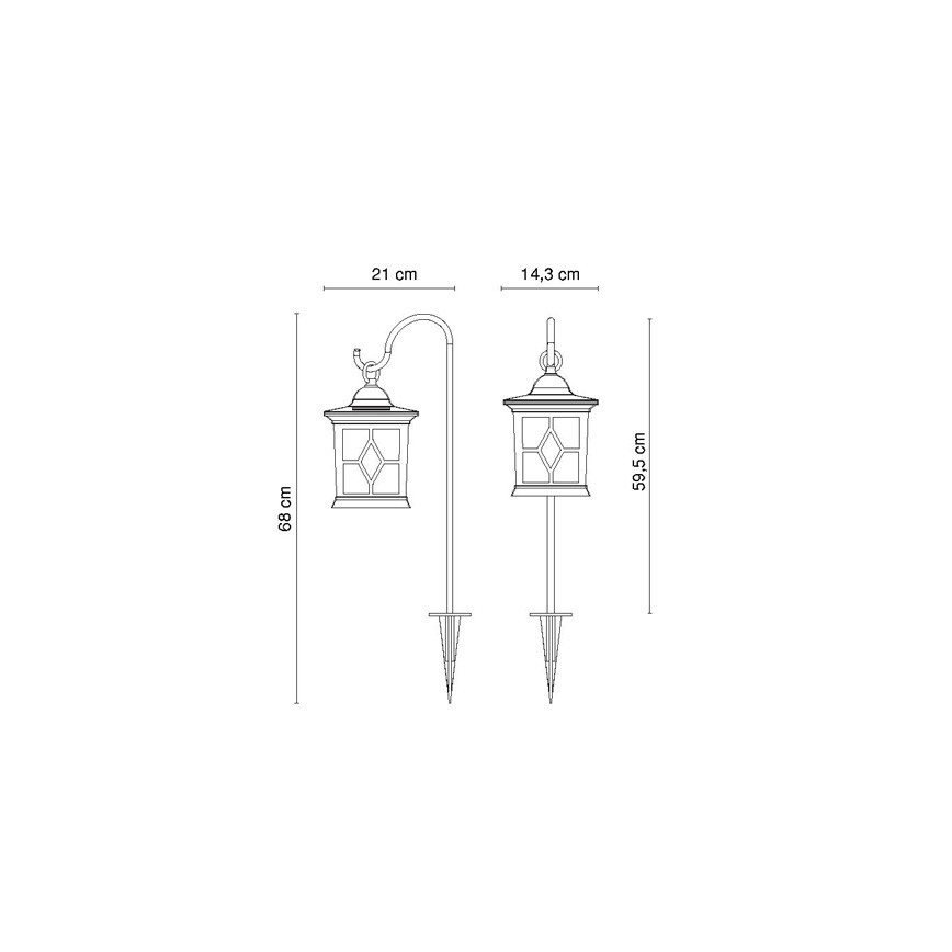 Dve záhradné lampy s geometrickými vzormi, jedna na stĺpiku, druhá na zakrivenom rameni, sú znázornené s rozmermi: 21 cm, 14,3 cm, 68 cm, 59,5 cm.