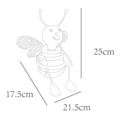 Včela sedí, má bodkované krídla a pruhované telo. Rozmery sú: výška 25 cm, šírka 21,5 cm a hĺbka 17,5 cm.