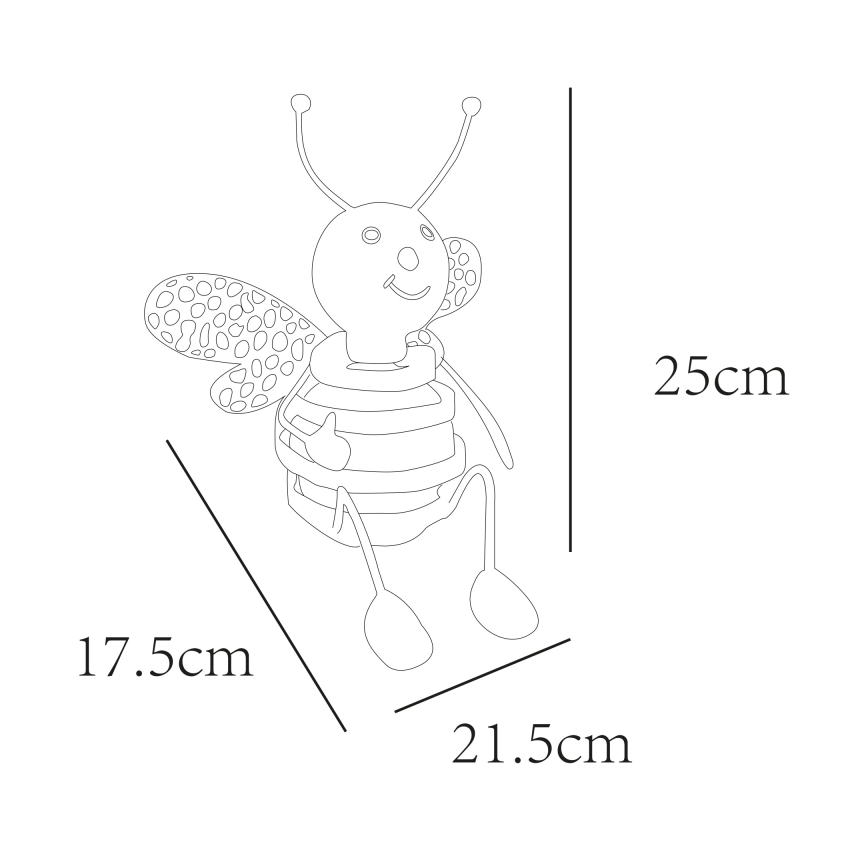 Včela sedí, má bodkované krídla a pruhované telo. Rozmery sú: výška 25 cm, šírka 21,5 cm a hĺbka 17,5 cm.