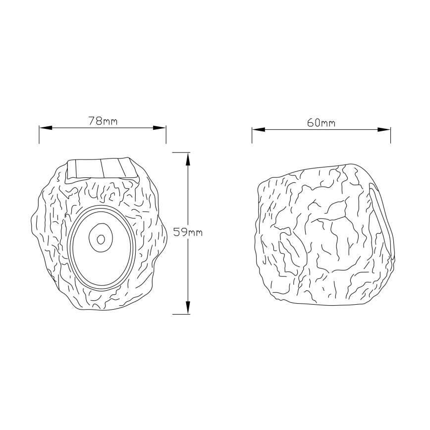 Solárny kameň s reproduktorom, rozmery 78x59 mm, je zobrazený z dvoch uhlov. Má tvar kameňa a na vrchu solárny panel. Druhý pohľad ukazuje jeho zadnú stranu. Rozmery druhého pohľadu sú 60 mm.