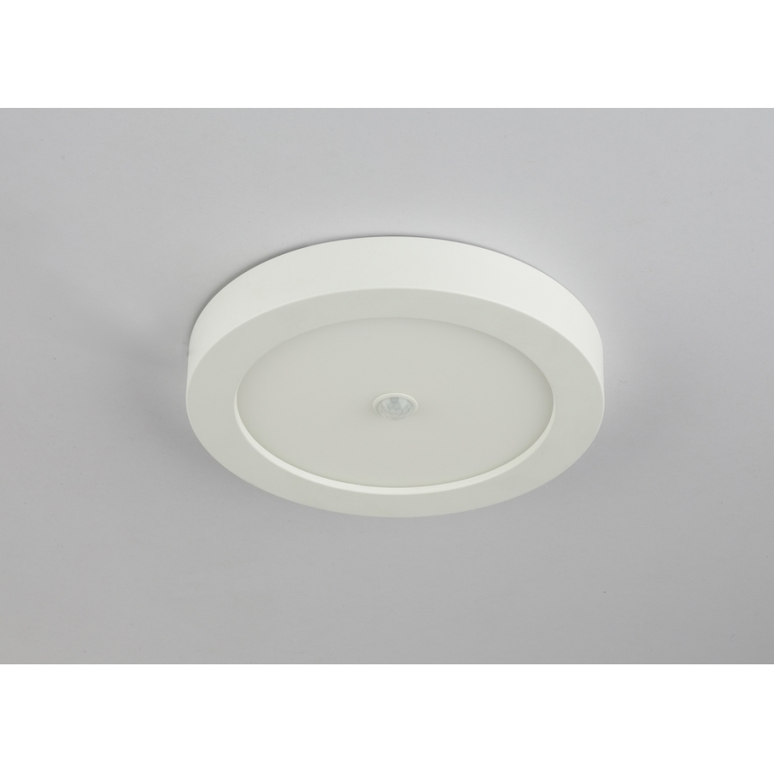 Biela kruhová stropná lampa s pohybovým senzorom je pripevnená na svetlom sivom strope.