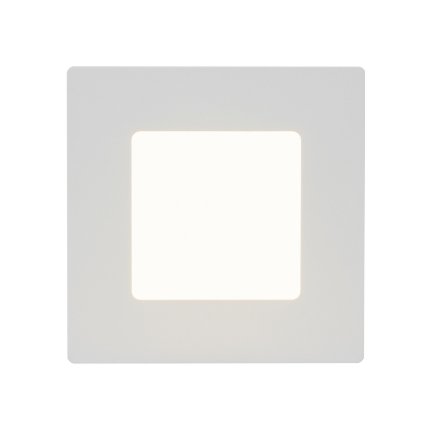 Svietidlo svieti. Je štvorcové, s vnútorným štvorcovým svetlom. Nachádza sa na bielom pozadí.