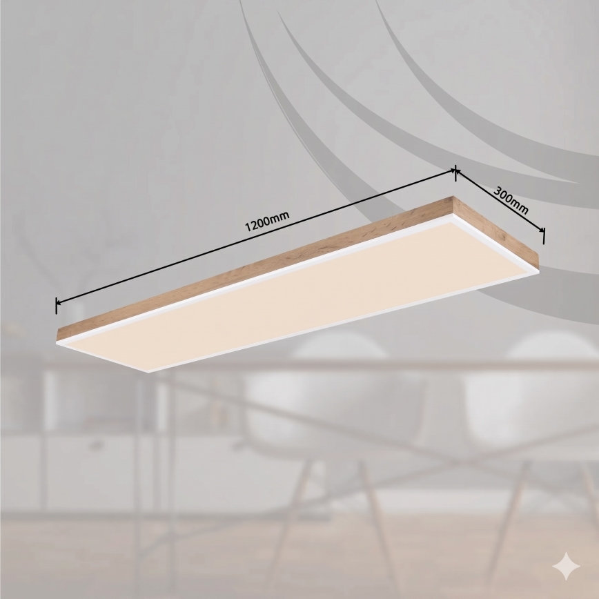 Dlhá obdĺžniková LED lampa je pripevnená k stropu. Rozmery sú 800 mm x 300 mm. Svetlo má drevený rám.