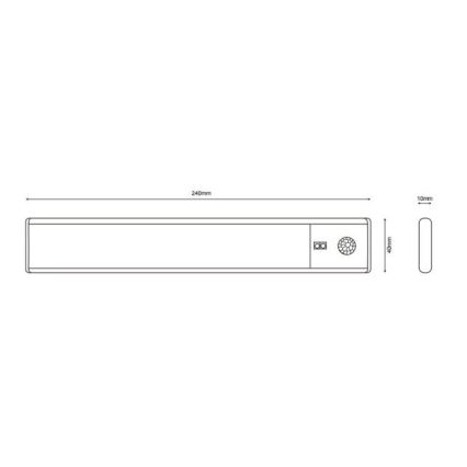 LED svietidlo s rozmermi 240mm x 40mm x 10mm je znázornené v čelnom pohľade. Svietidlo obsahuje dva otvory a snímač. Schéma ukazuje jeho rozmery.