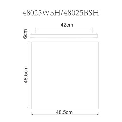 Technický výkres štvorcového svietidla s rozmermi 48,5 x 48,5 x 6 cm a hornou časťou 42 cm. Kódy produktu: 48025WSH/48025BSH.