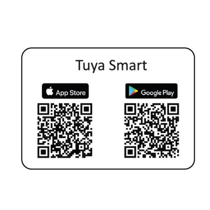 Karta zobrazuje QR kódy pre aplikáciu Tuya Smart, dostupnú v App Store a Google Play. Na karte je názov aplikácie Tuya Smart a loga obchodov s aplikáciami.