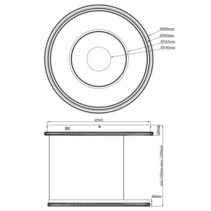 Technický výkres kruhového telesa s dvojitým okrajom. Rozmery: Ø660mm, Ø560mm, Ø345mm, Ø140mm, Ø565, výška 70mm, šírka 40mm, minimálna výška 120mm, maximálna výška 200mm.