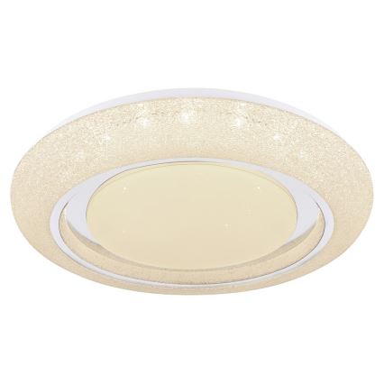 Svietidlo svieti. Je kruhového tvaru, s dvojitým okrajom, vonkajší okraj je zdobený drobnými bodkami, vnútorný je hladký. Svetlo je teplej farby.