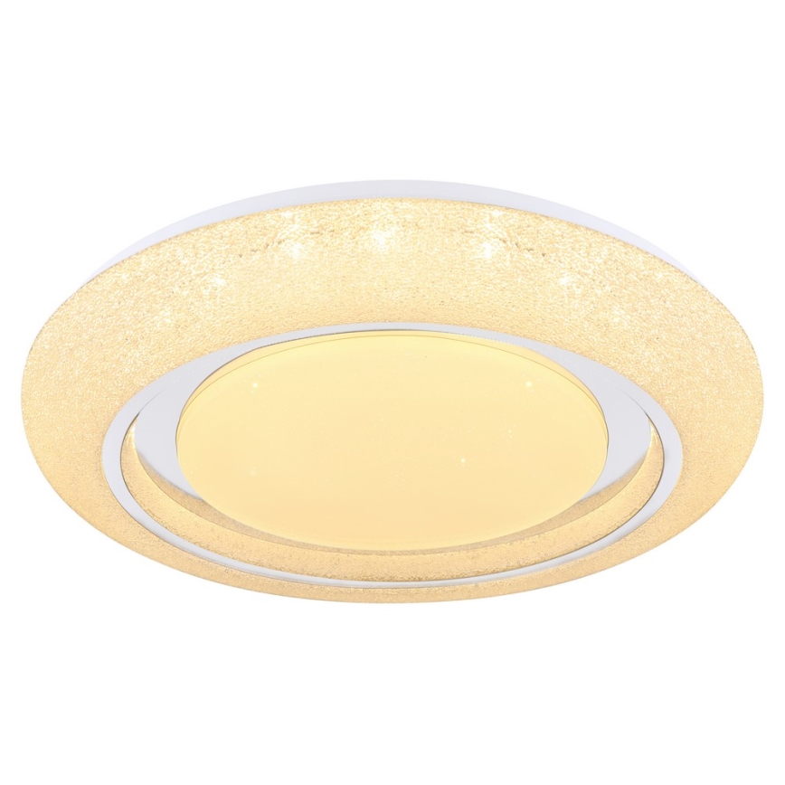 Svietidlo svieti. Má okrúhly tvar s dvoma kruhovými vrstvami, vonkajšia je štruktúrovaná, vnútorná hladká, svetložltá. Je umiestnené na bielom pozadí.