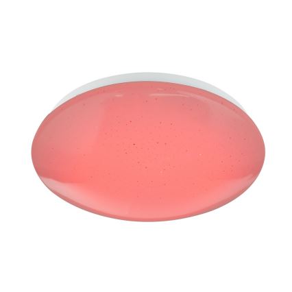 Ružové stropné svetlo s bielym okrajom svieti. Svetlo má jemne zrnitú štruktúru. Je umiestnené na bielom pozadí.