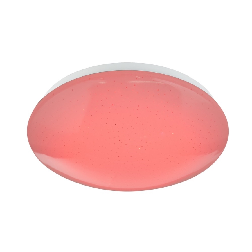 Ružové stropné svetlo s bielym okrajom svieti. Svetlo má jemne zrnitú štruktúru. Je umiestnené na bielom pozadí.